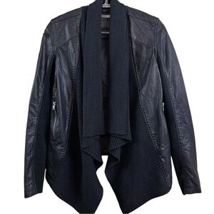 Blank NYC Faux Leather Draped Knit Open Front Zip Moto Jacket Black Size XS